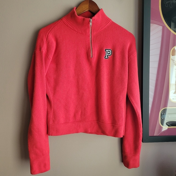 PINK Victoria's Secret Women's Sweater 1/4 Zip Coral Colod Size S/P Long Sleeve - Picture 1 of 11